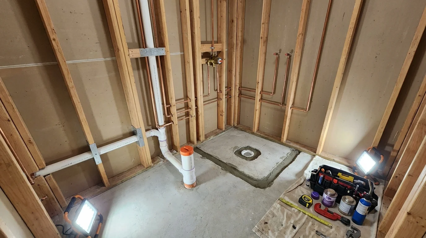 Bathroom rough-in plumbing during remodel by Johns Plumbing LLC in Kealakekua