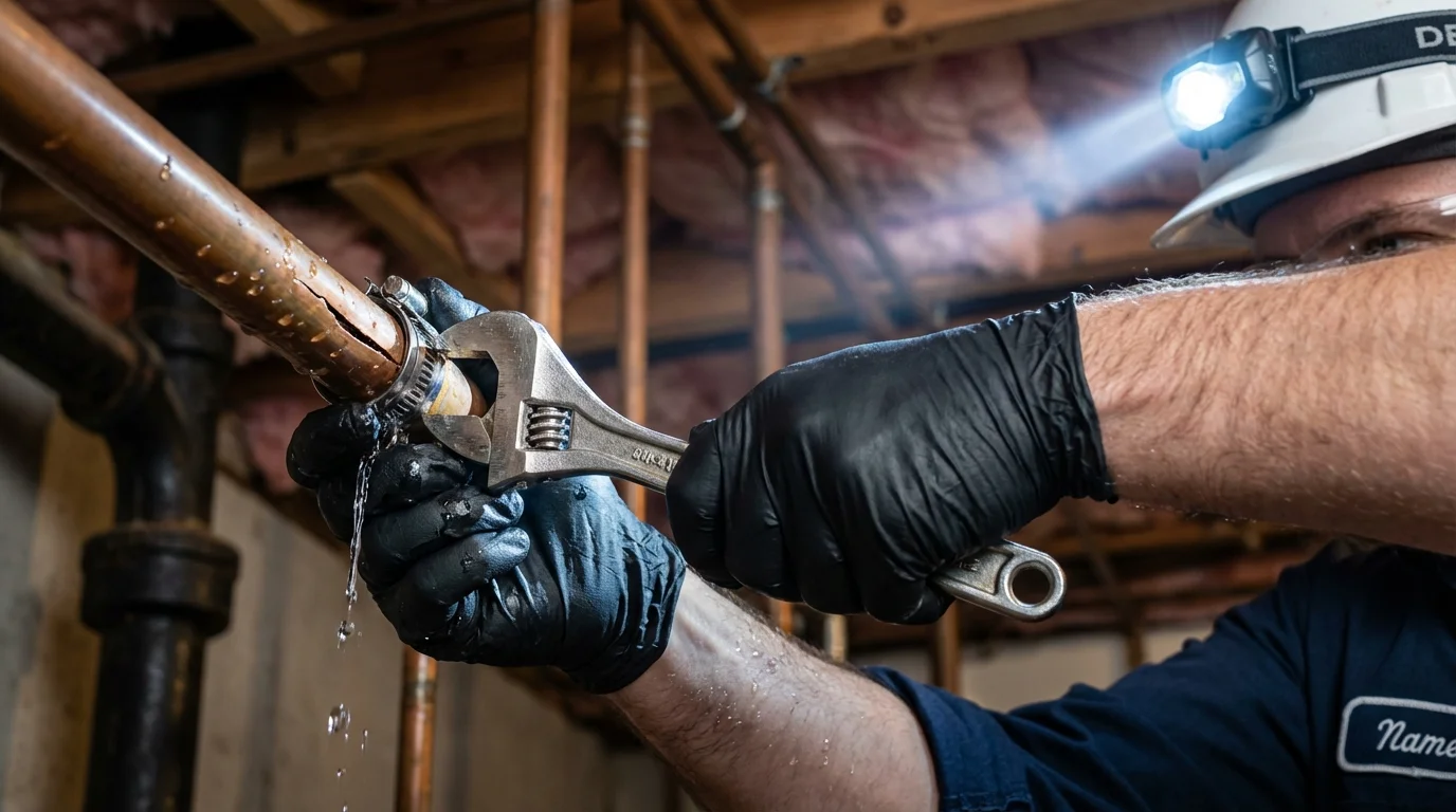 Emergency pipe clamp repair being performed by a Johns Plumbing LLC plumber in Kealakekua