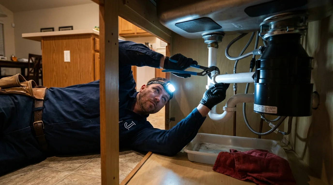 P-trap and supply line connections under a kitchen sink showing a common leak point in Kealakekua, HI